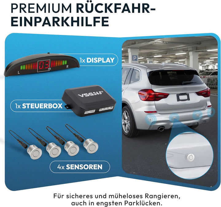 VSG24 Premium Einparkhilfe hinten mit Display zum nachrüsten am Auto, PDC Parksensoren hinten mit St