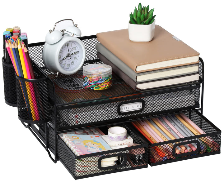 Vikmyer 3-Trays Desktop Organizer mit Schublade, Mesh Büro Schreibtisch liefert Organizer Dokumenten