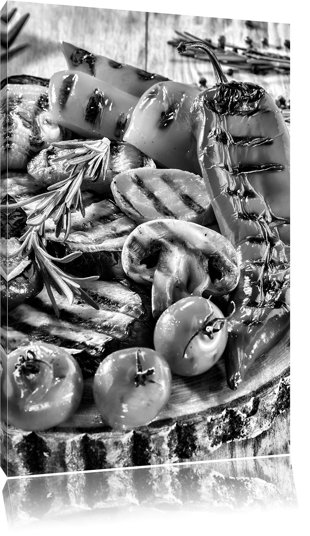Pixxprint Grillplatte auf Baumstammteller / 100x70cm Leinwandbild bespannt auf Holzrahmen/Wandbild K