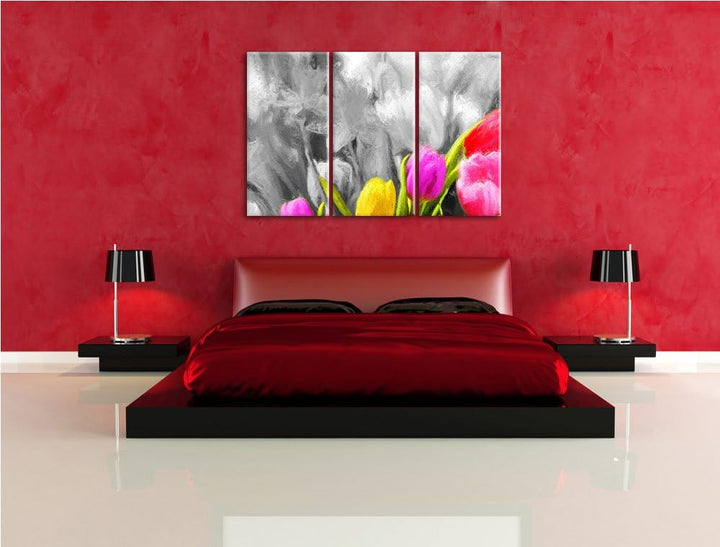 bunte Tulpen3-Teiler Leinwandbild 120x80 Bild auf Leinwand, XXL riesige Bilder fertig gerahmt mit Ke