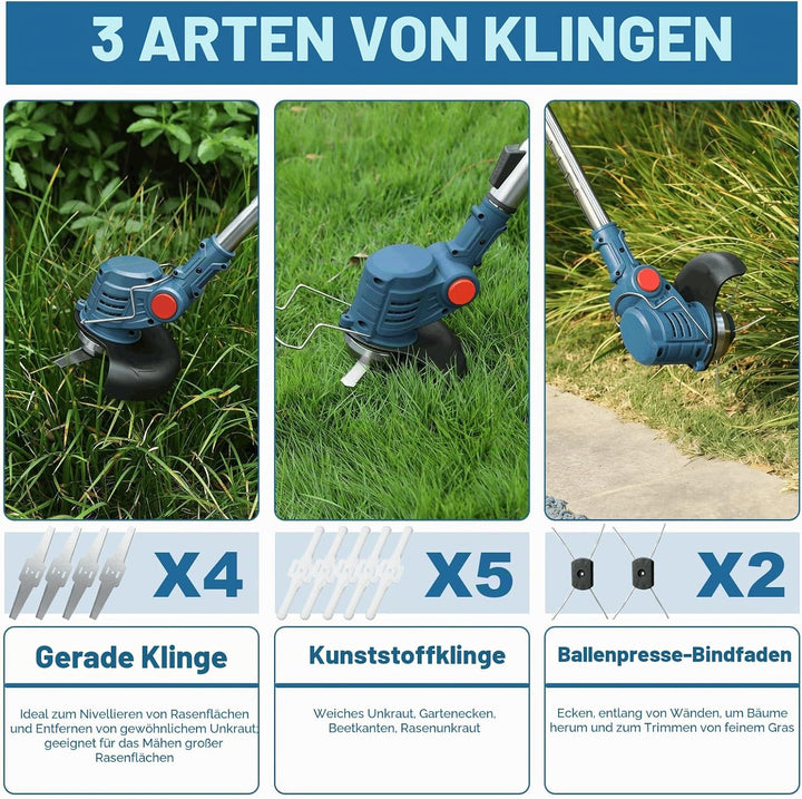 Akku Rasentrimmer mit Akku mit 3 Akkus und 3 Klingentypens