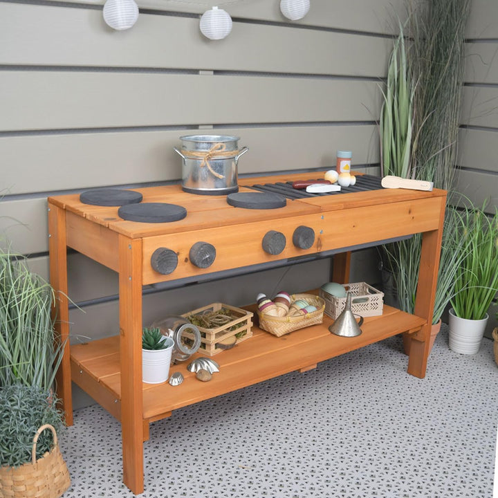 Meppi Matschküche Grill anthrazit/Teak aus Holz - Outdoorküche für Kinder