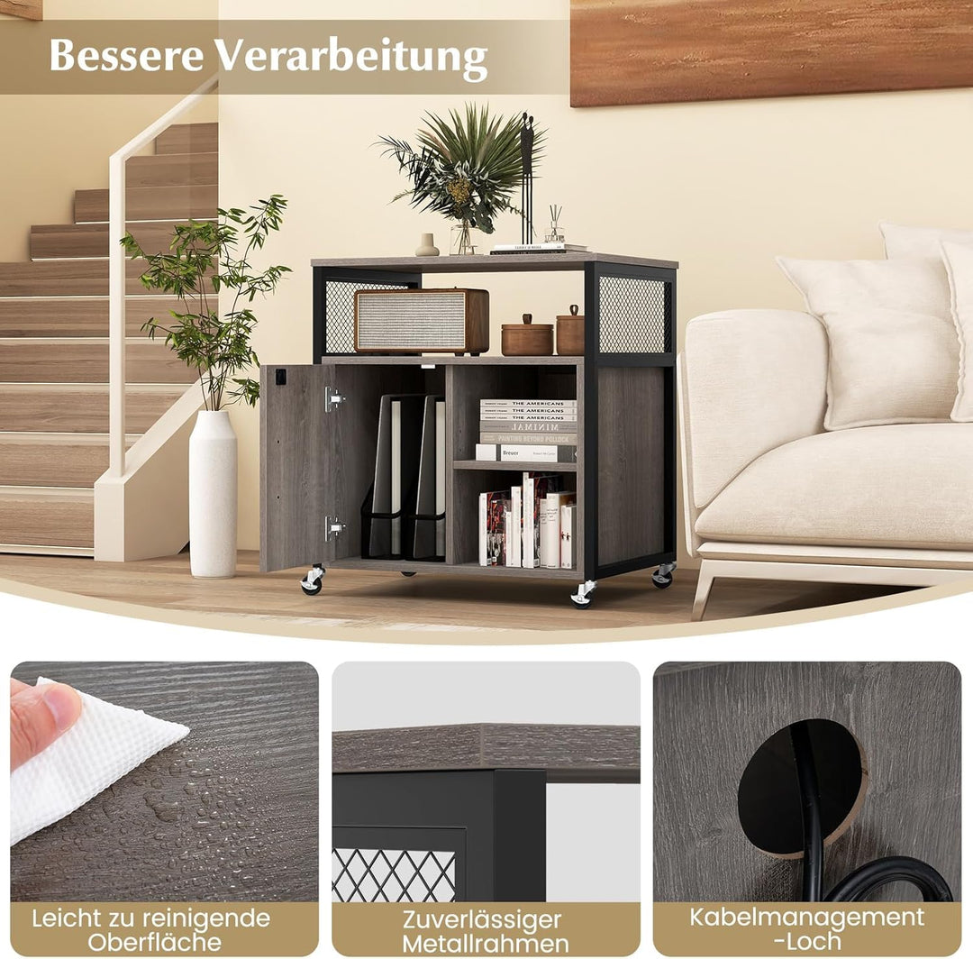 FANTASK Büroschrank auf Rollen, Aktenschrank mit Ladestation, Kabelmanagement & abschliessbaren Räde