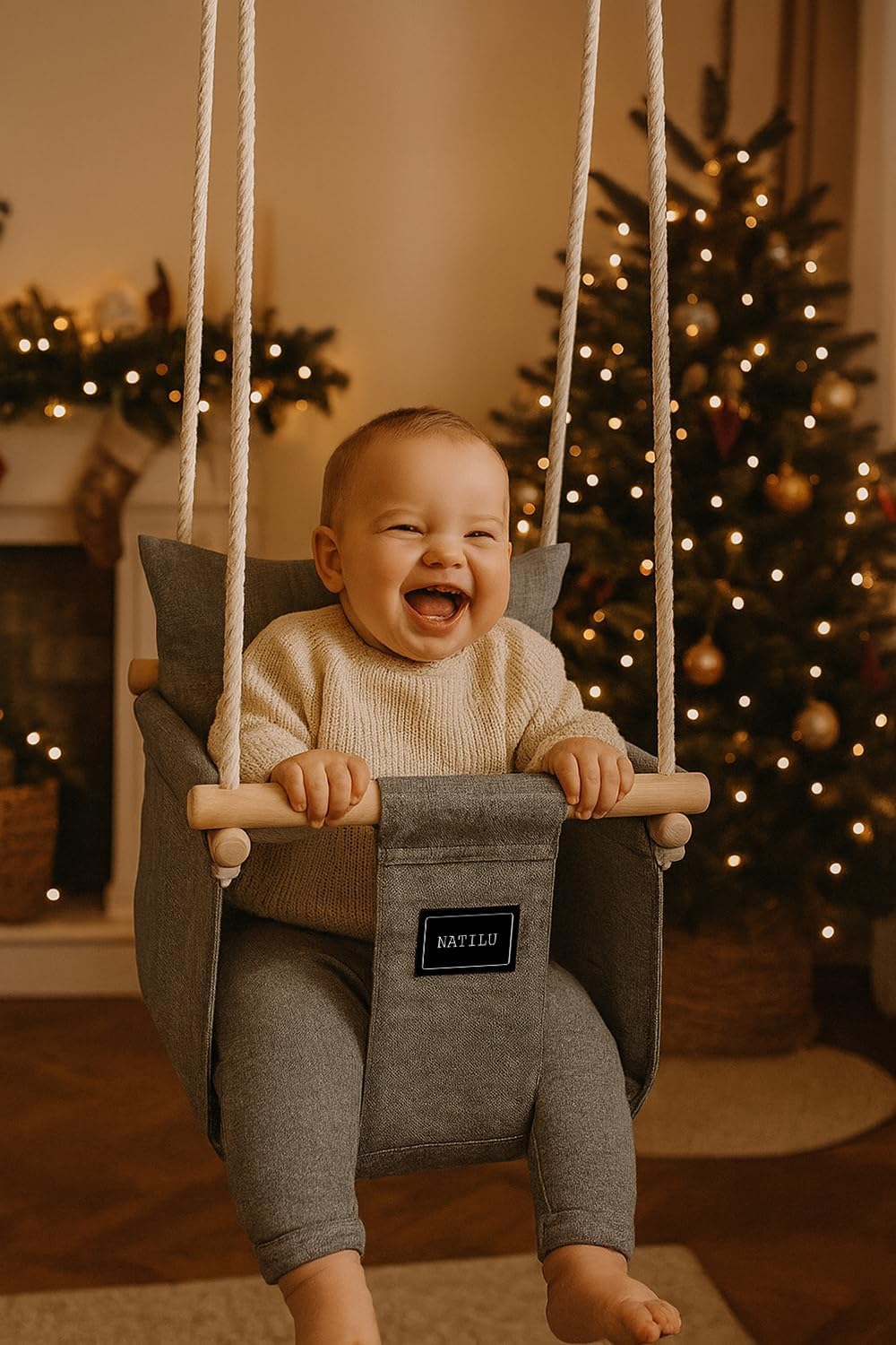 NATILU® Babyschaukel Set mit Sicherheitsgurt Haken Ringe Silver | Schaukel Baby Indoor Outdoor | Kin