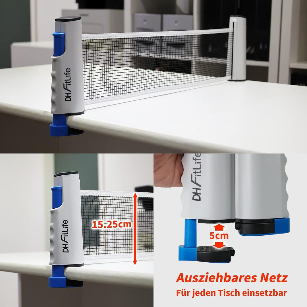 DH FitLife Tischtennisschläger Set für 2 Spieler, mit ausziehbarem mobilen Tischtennisnetz, 3 Tischt