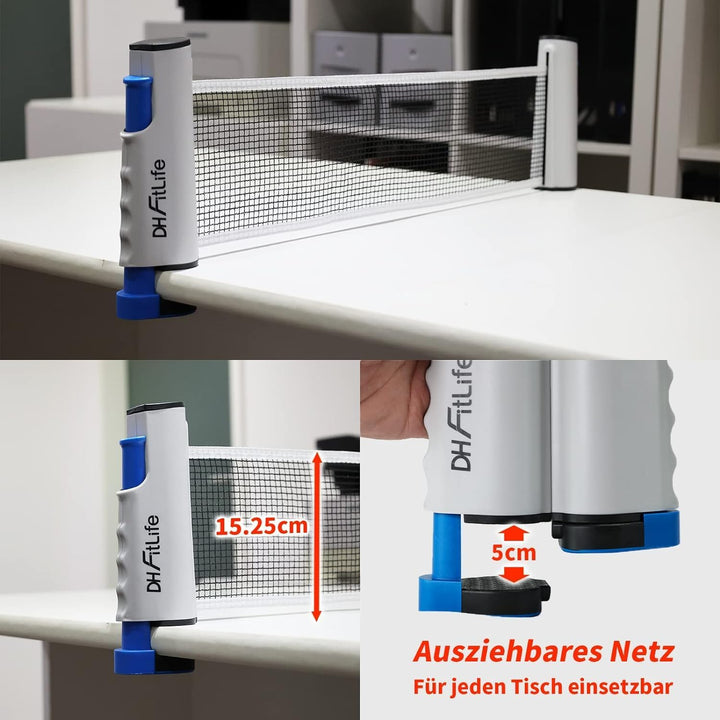 DH FitLife Tischtennisschläger Set für 2 Spieler, mit ausziehbarem mobilen Tischtennisnetz, 3 Tischt