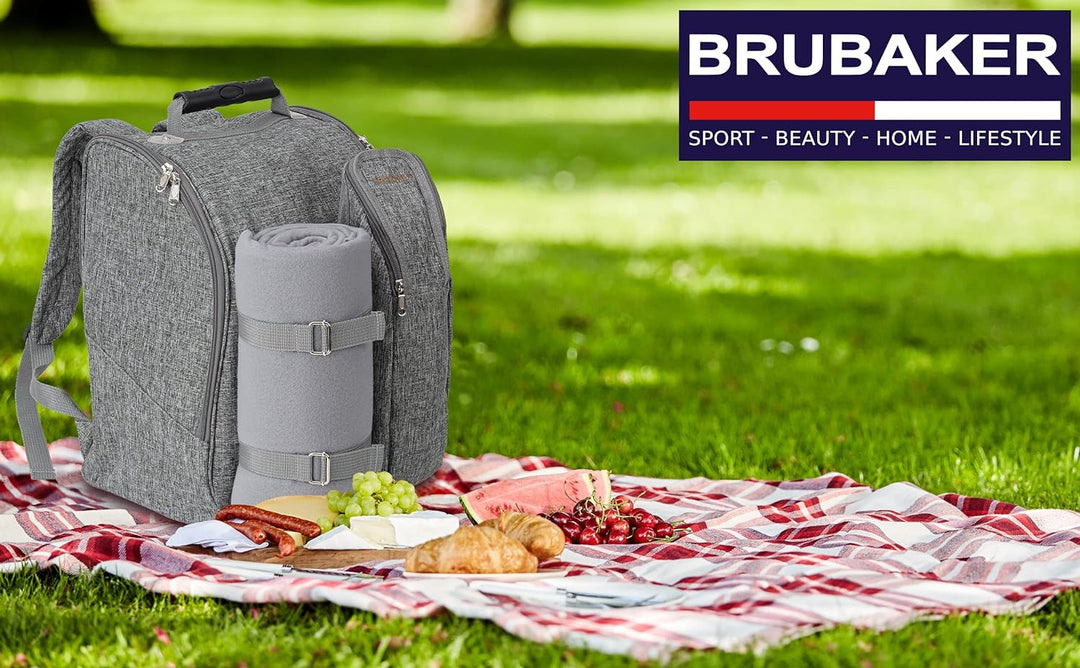 Brubaker Picknickrucksack für 2 Personen Grau 28 × 40 × 22 cm - mit Kühlfach, Iso-Flaschenhalter und