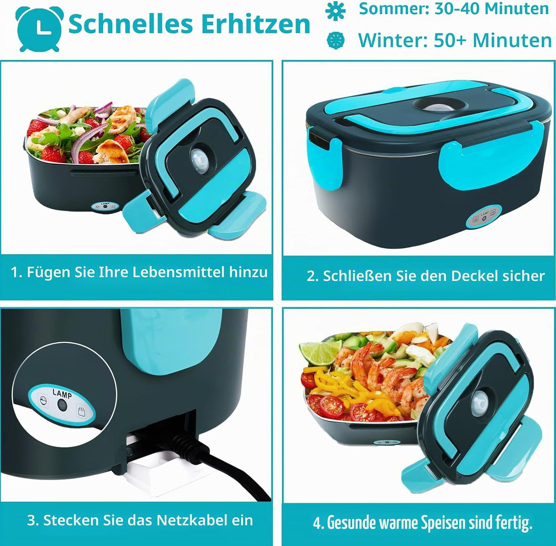 Elektrische Lunchbox 4 in 1 12V/24V/220V~240V, 1.5L 60W Lunch Box Elektrisch Edelstahl Speisenwärmer