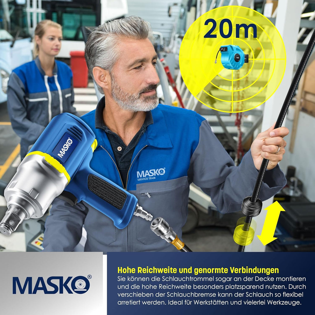 MASKO® Automatik Druckluftschlauch Aufroller 20m – Schlauchtrommel mit 1/4" Anschluss, Schlauchaufro