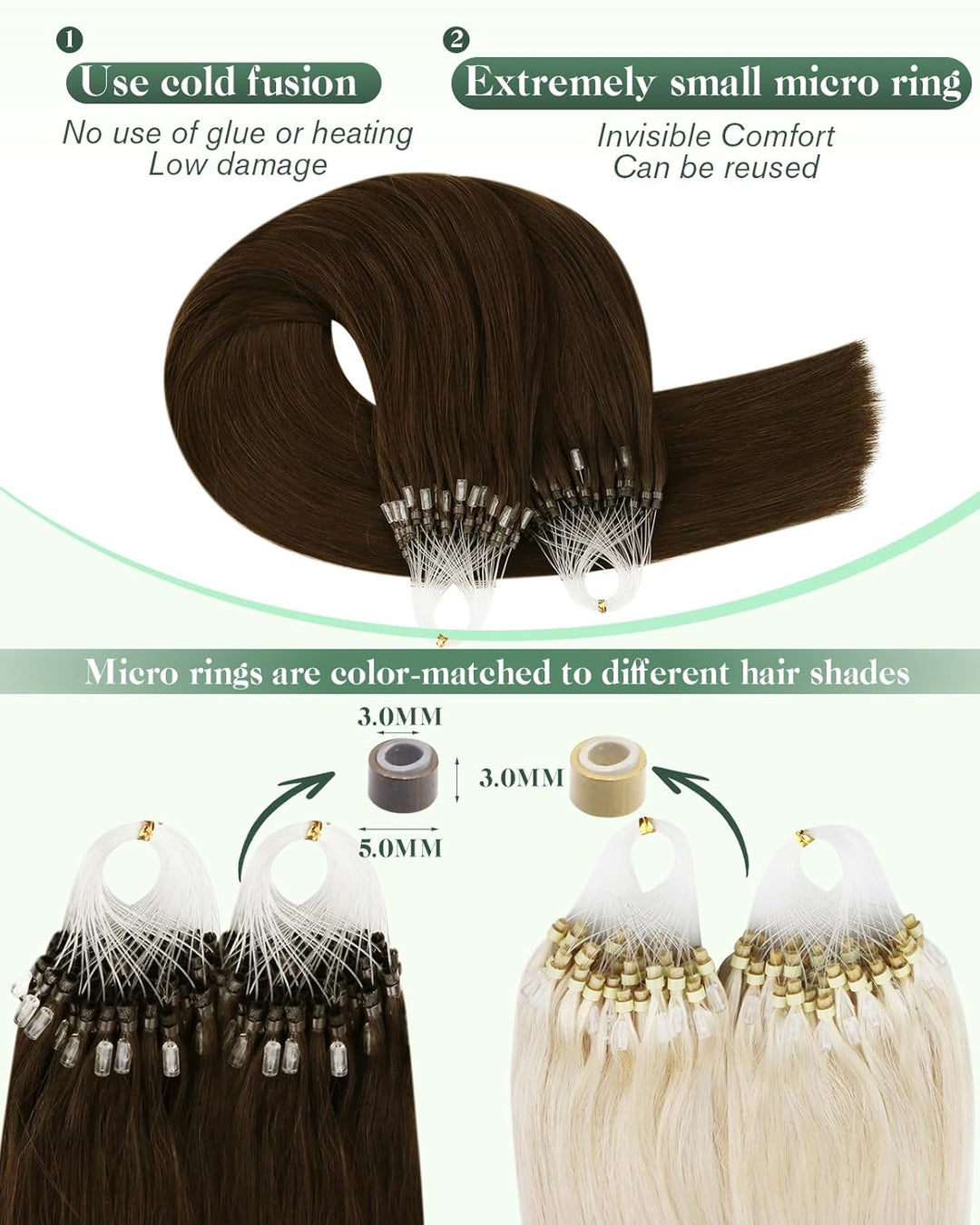 Ugeat 50cm Extensions Echthaar Microrings Haarverlängerung Echthaar Bonding Dunkelbraun 50Strähnen M