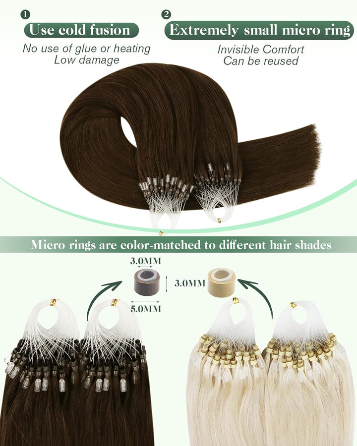 Ugeat 50cm Extensions Echthaar Microrings Haarverlängerung Echthaar Bonding Dunkelbraun 50Strähnen M