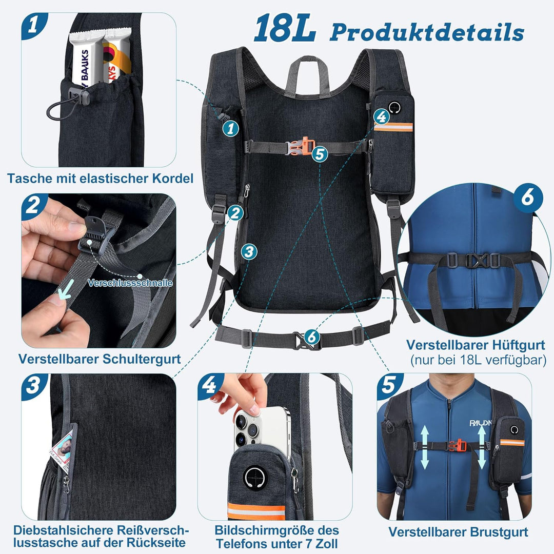 18L Wanderrucksack Herren Kleiner Rucksack Damen Leichter Daypack Tagesrucksack Faltbarer Trekkingru