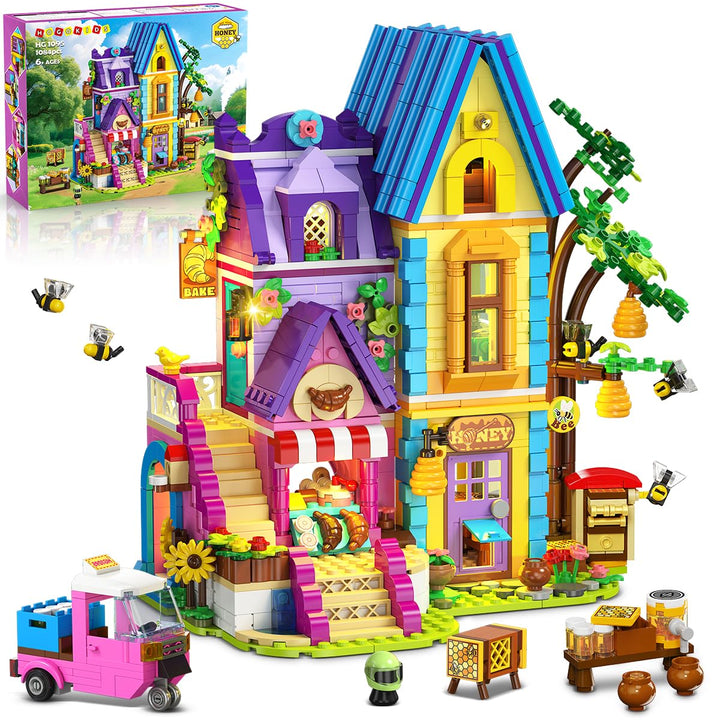 HOGOKIDS Friends Mädchen Backset Bauspielzeug mit LED-Licht - 1084PCS Bienenhaus & Bäckerei Haus, Ro