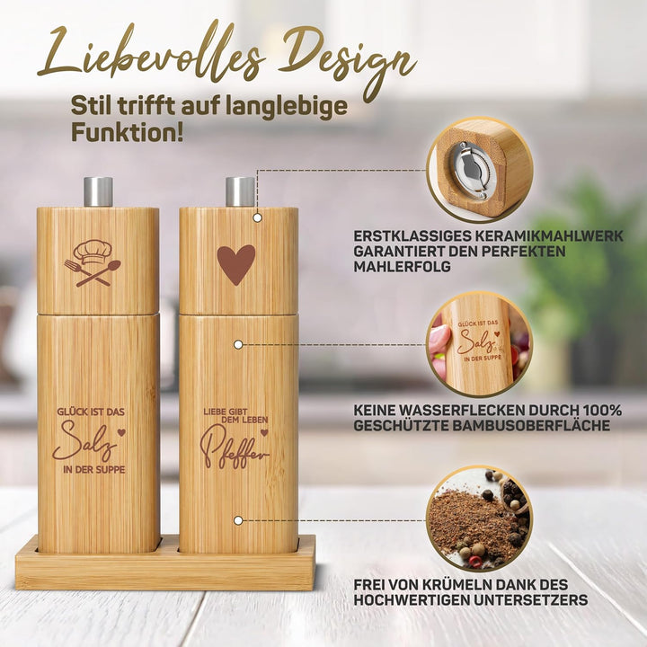 ELBFUCHS® Salz und Pfeffermühle Holz Gross [NEU] Liebevolles 2-er Set Pfeffer und Salzmühle mit Kera