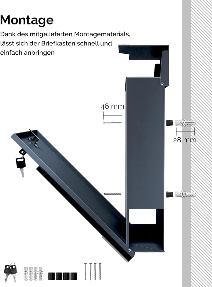 Metzler Briefkasten Basaltgrau RAL7012 mit Zeitungsfach, personalisiert mit Edelstahl V2A Namensschi