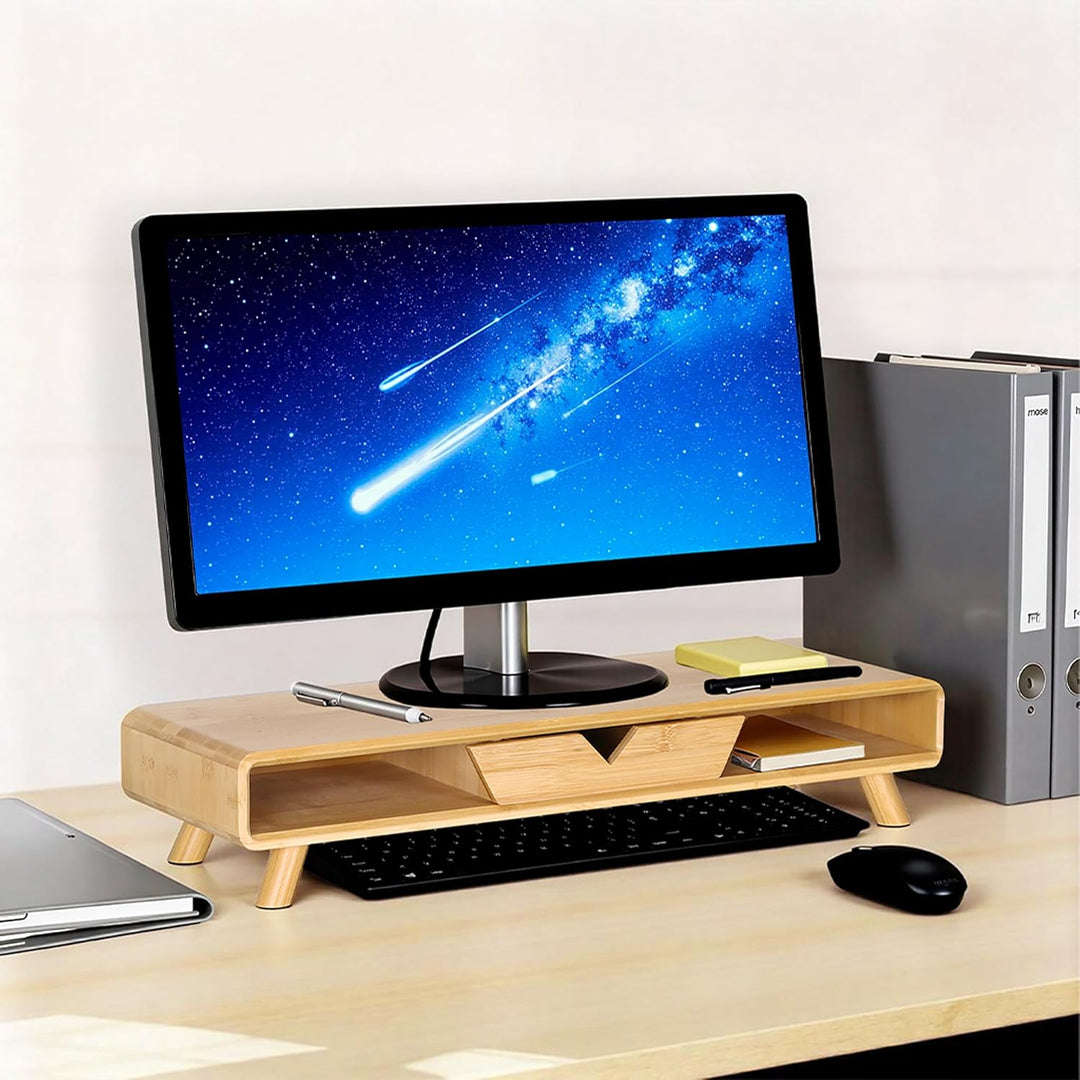 Relaxdays Monitorständer, 2 Fächer &amp; Schublade, HBT: 13 x 62 x 20,5 cm, Bambus, Schreibtisch, Bildsc