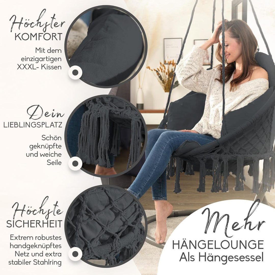 BELLAMATILDA® Hängesessel mit XXXL Kissen 100% Baumwolle | Weicher Hängestuhl Outdoor & Indoor | Hän