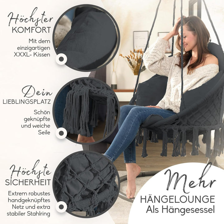 BELLAMATILDA® Hängesessel mit XXXL Kissen 100% Baumwolle | Weicher Hängestuhl Outdoor & Indoor | Hän