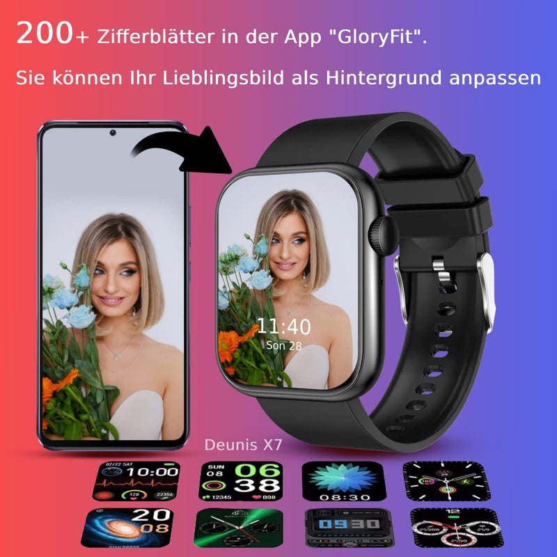 Deunis X7 Smartwatch mit Telefonfunktion 1,85 Zoll Damen Herren, Fitness Tracker, Schlafmonitor, Sch