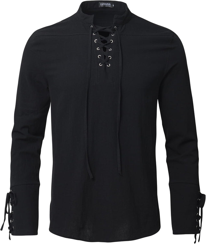 LUYANA Herren Mittelalter Hemd Leinenhemd Schnürung Piratenhemd Renaissance Wikinger Shirt Stehkrage