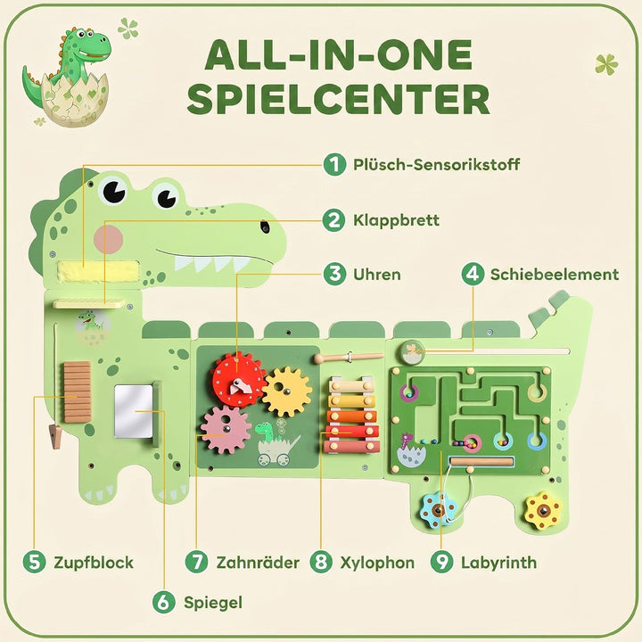 AIYAPLAY Montessori Motorikbrett Holz Busy Board Dinosaurier ab 2 Jahr | Wandmontiertes Activity Boa