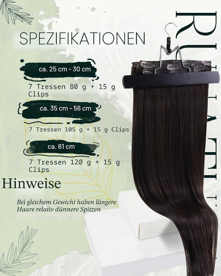 RUNATURE Dunkelbraun Clip Extensions Echthaar Günstig 30cm Clip in Echthaar Extensions 80g 7pcs Remy