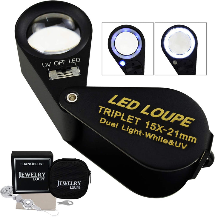 15x Vergrösserungsglas Schmuck Lupe LED UV Licht 21mm Achromatisch Triplett Linse Optisch Glas Tasch
