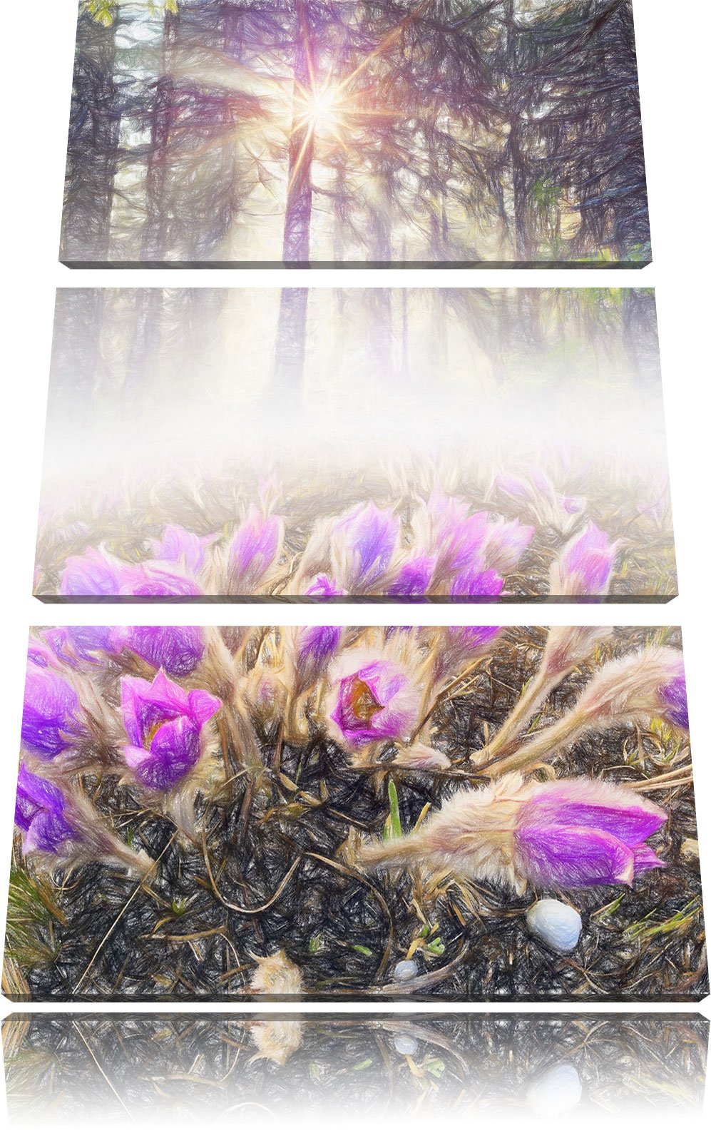Pixxprint blühende lila Blumen im Wald Kunst Buntstift Effekt 3-Teiler Leinwandbild 120x80 Bild auf