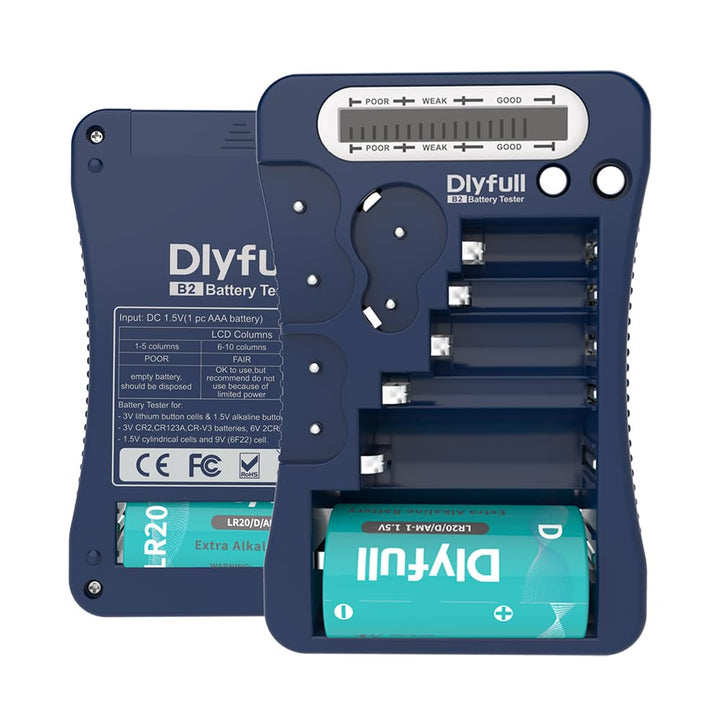 Dlyfull LCD Universal Batterietester für AA AAA C D 9V Digitaler Testgerät für CR123A CR2 CRV3 2CR5