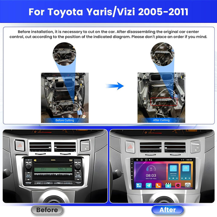 Radio für Toyota Yaris/Vizi 2005-2011 Android 15 2+64G mit Wireless CarPlay Android Auto, 9 Zoll Bil