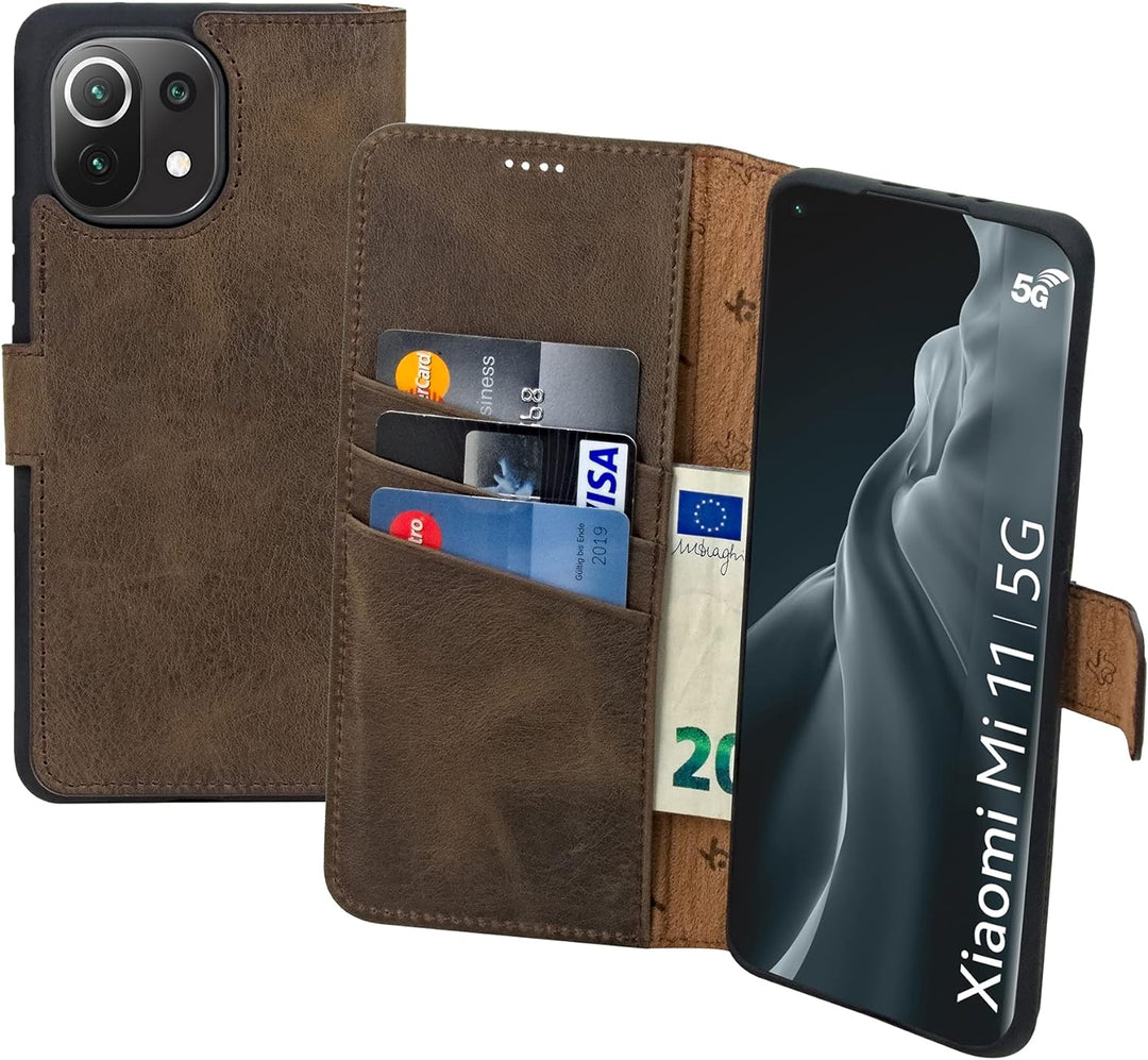 Suncase Book-Style Hülle kompatibel mit Xiaomi Mi 11 Leder Tasche (Slim-Fit) Lederhülle Handytasche