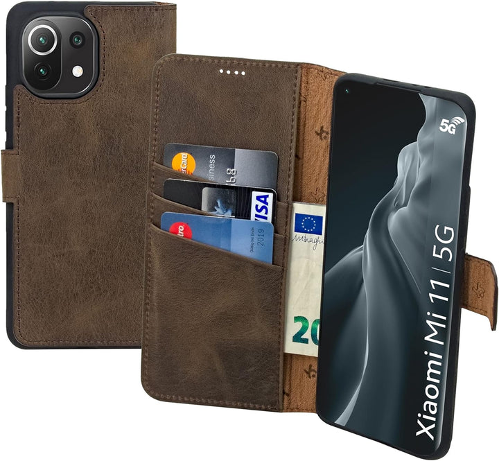 Suncase Book-Style Hülle kompatibel mit Xiaomi Mi 11 Leder Tasche (Slim-Fit) Lederhülle Handytasche