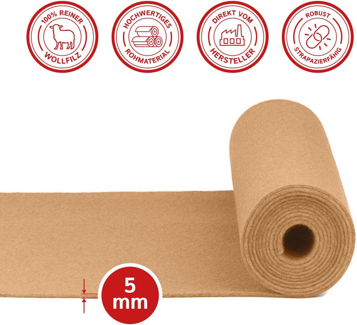 Moderner Tischläufer aus Filz für den Herbst, beige (aus 100% Schafwolle), 150 x 30 cm, 5mm dick, mo