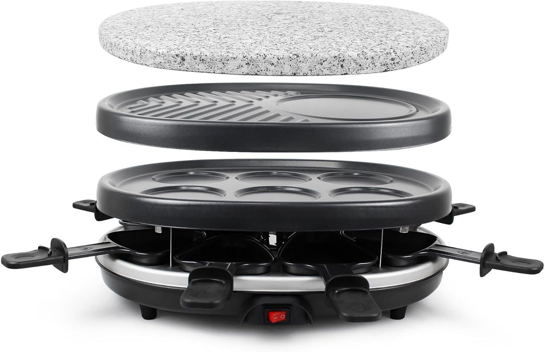 Todeco - 3 in 1 Raclette-Set, Grill mit Naturstein - Material: 304 Edelstahl - Strom: 900 W - Schwar