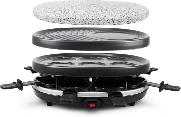 Todeco - 3 in 1 Raclette-Set, Grill mit Naturstein - Material: 304 Edelstahl - Strom: 900 W - Schwar