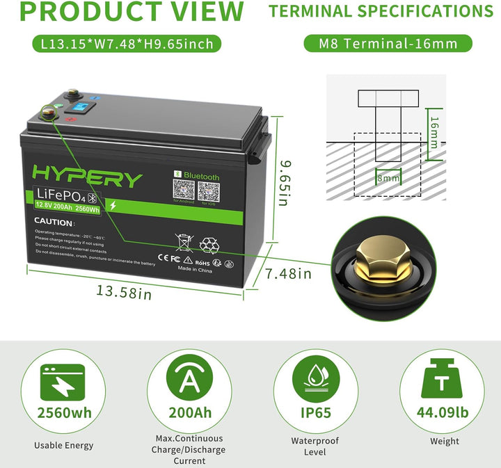 HYPERY LiFePO4 Akku, Smart 12V 200AH Lithium Batterie mit Bluetooth zur Überwachung der Batterie SOC