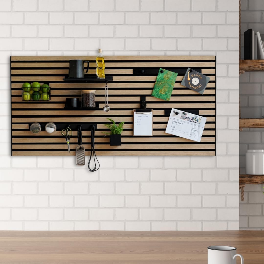 Steinmine - Designmanufaktur Wandorganizer (60 x 60 cm) - Akustikpaneel mit Eichenholzlamellen - ink