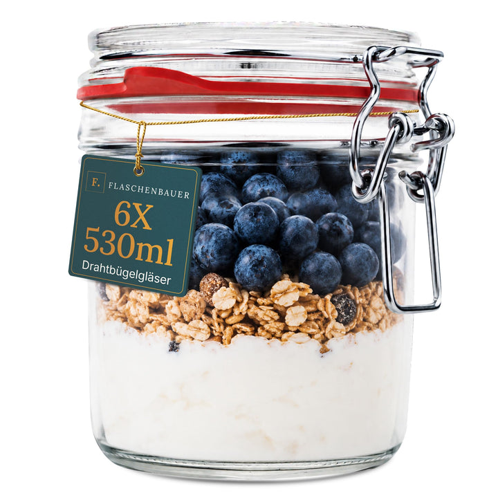 Flaschenbauer - 6er Set Drahtbügelgläser 530ml - Vorratsglas mit Dichtungsringen inkl. Etiketten, Ei