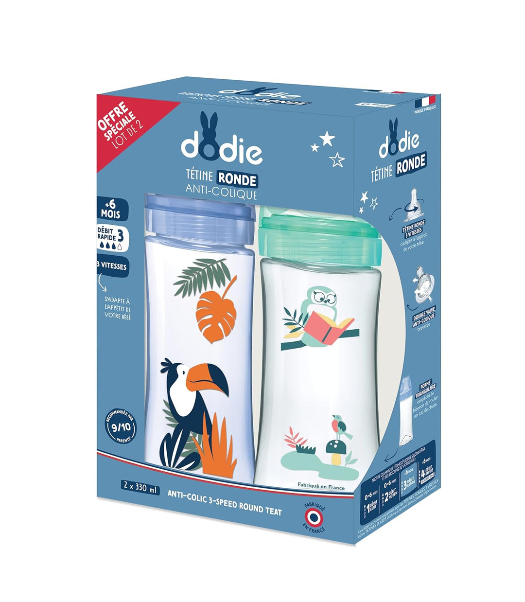 DODIE Anti-Kolik-Flaschen, rund, 330 ml + 6 Monate, 3 Geschwindigkeitsstufen, Durchfluss 3, Blau und