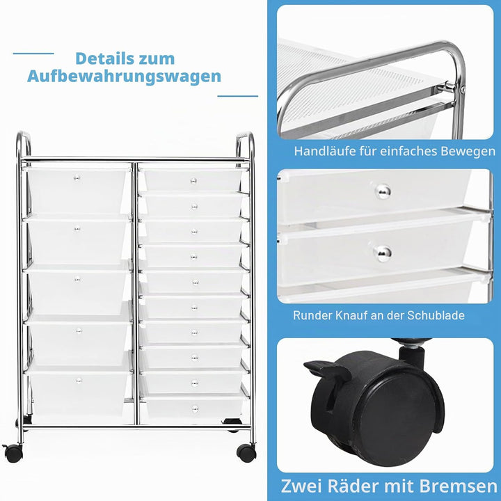 KOMFOTTEU Rollwagen mit 10/15 Schubladen stapelbar, Badrollwagen Rollcontainer mit Metallrahmen, All