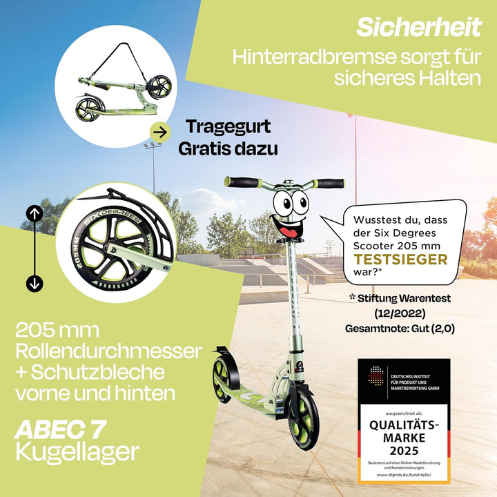 Six Degrees Aluminium Scooter mit Klappmechanismus, Ständer, 205 mm TESTSIEGER, ABEC 7, höhenverstel