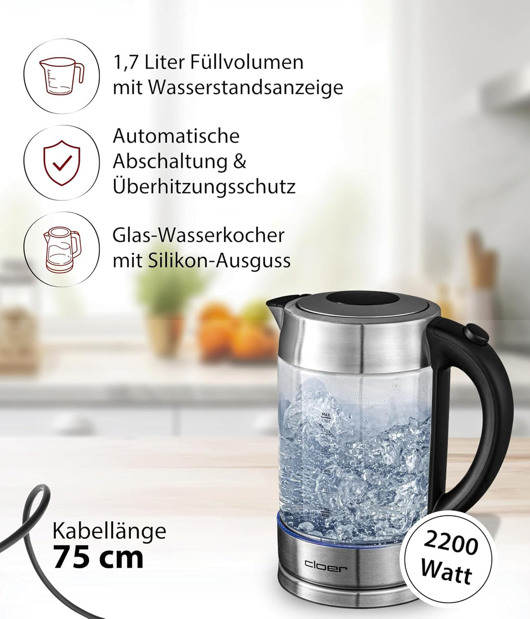 Cloer 4429 Glas Wasserkocher,Testsieger Haus und Garten 02.2019, 2200 Watt, LED-Beleuchtung, verrieg