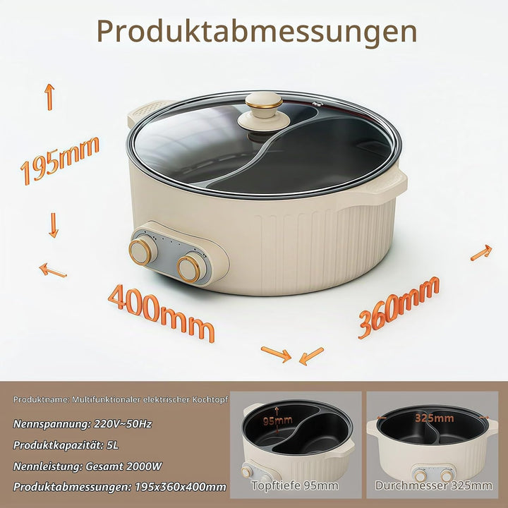 Hot Pot Olla Eléctrica, 5L Hot Pot, 2000W Multifuncional Antiadherente con Calefacción Rápida &amp; Dobl