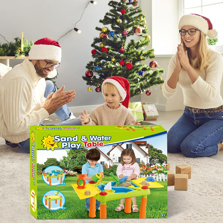 deAO Sand und Wasser Outdoor Aktivitäten Spieltisch für Kinder mit Doppelfach, Deckel und über 10 Zu