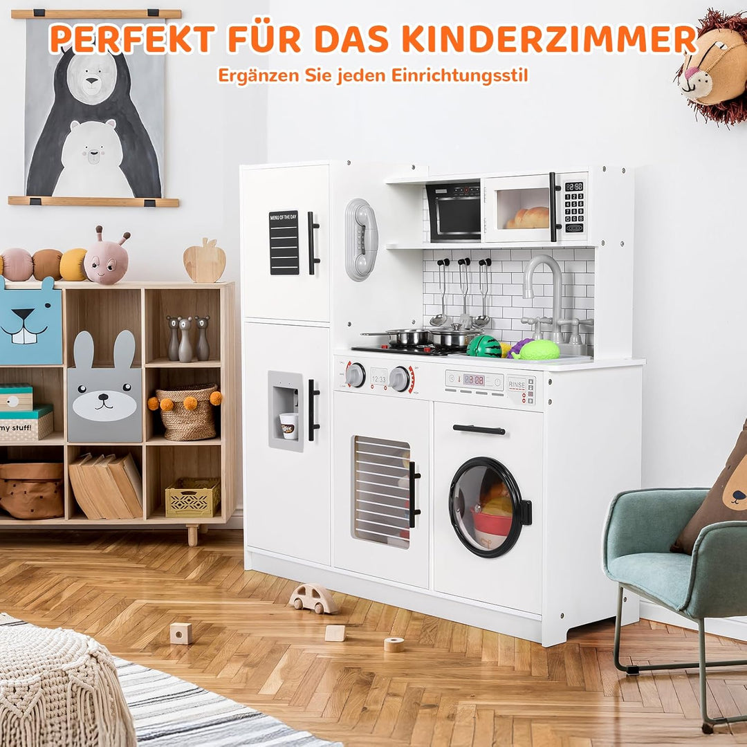 MAMIZO Kinderküche Holz, Spielküchen aus Holz für Kinder, Spielzeugküche mit Licht und Sound, 82x80x
