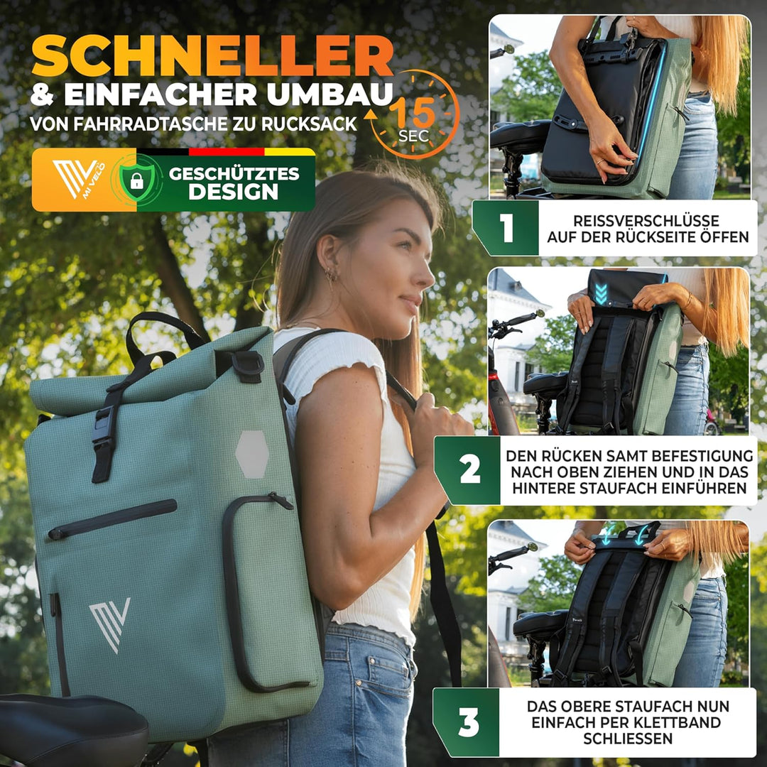 MIVELO 3in1 Fahrradtasche für Gepäckträger I Rucksack &amp; Gepäckträgertasche hinten - in 15 Sekunden u