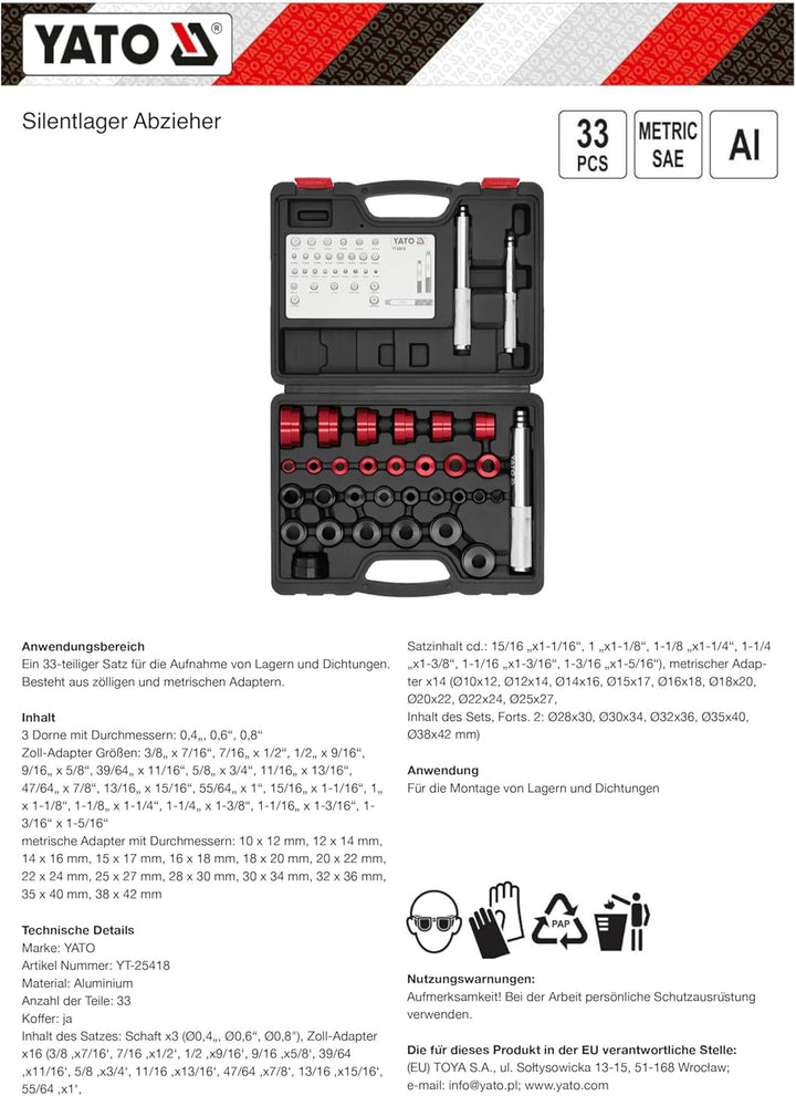 YATO Lager- und Dichtungs-Montagewerkzeug 33-tlg | Einpresswerkzeug-Set für Kugellager, Simmerringe,