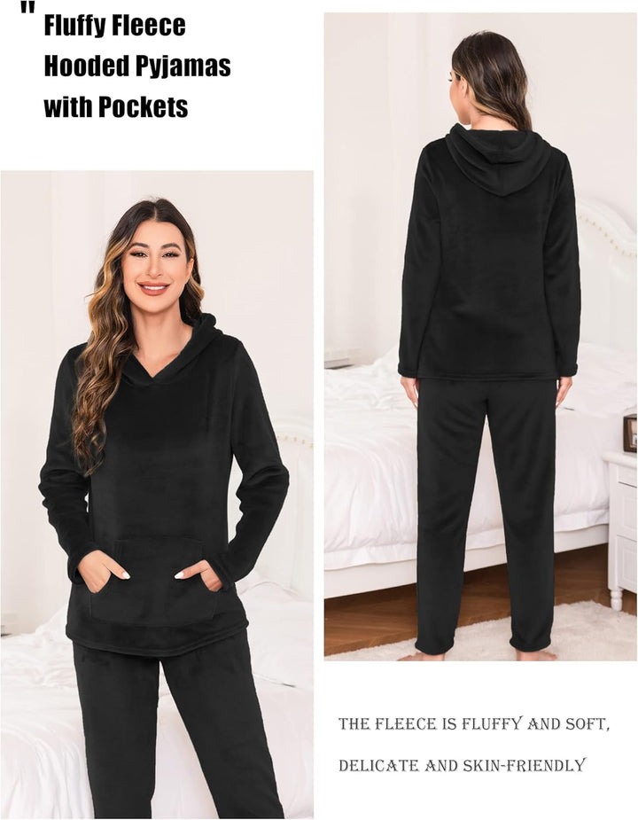 Lovasy Fleece Schlafanzug Damen Winter Lang Pyjama Set Warmer Flauschiger Frottee Schlafanzüge für D
