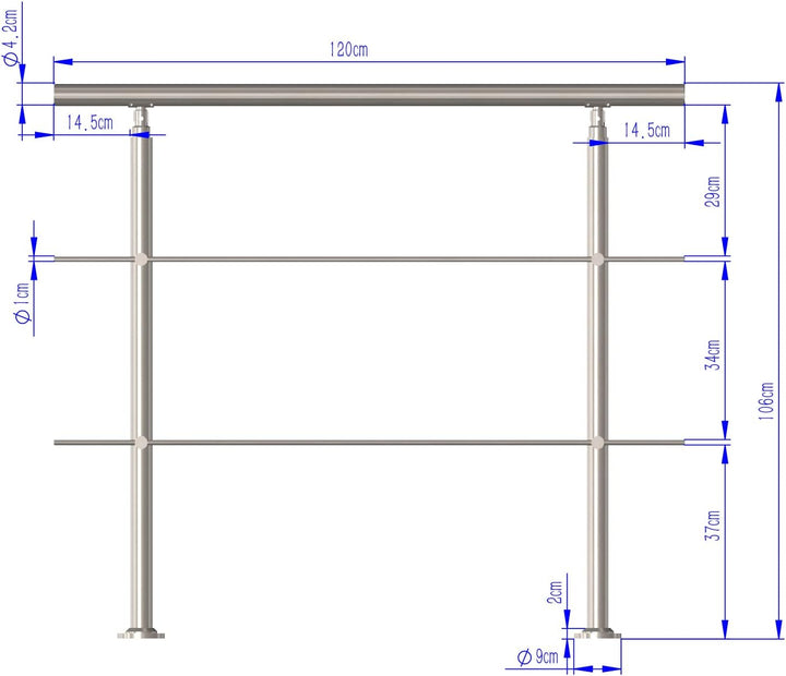 CAVATINY Edelstahl Handlauf Geländer für Treppen Brüstung Balkon mit 2 Querstreben - Innen und Ausse