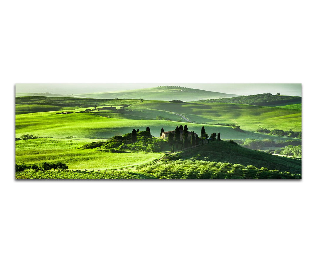 Paul Sinus Art Panoramabild auf Leinwand und Keilrahmen 120x40cm Toskana Wiesen Bäume Haus Sonnenauf